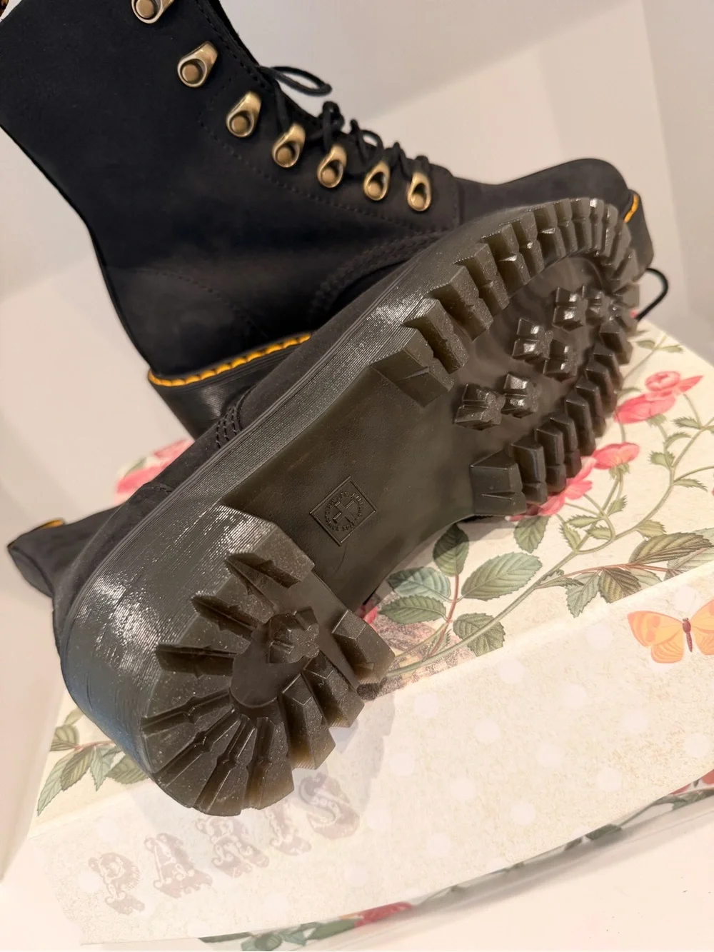 Dr. Martens Black Lace-Up Platform Ankle Boots with Yellow Stitching